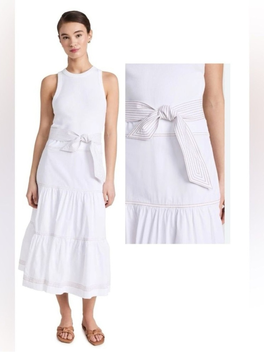 Veronica Beard Austyn Tiered White Midi Dress Tie Waist Size M